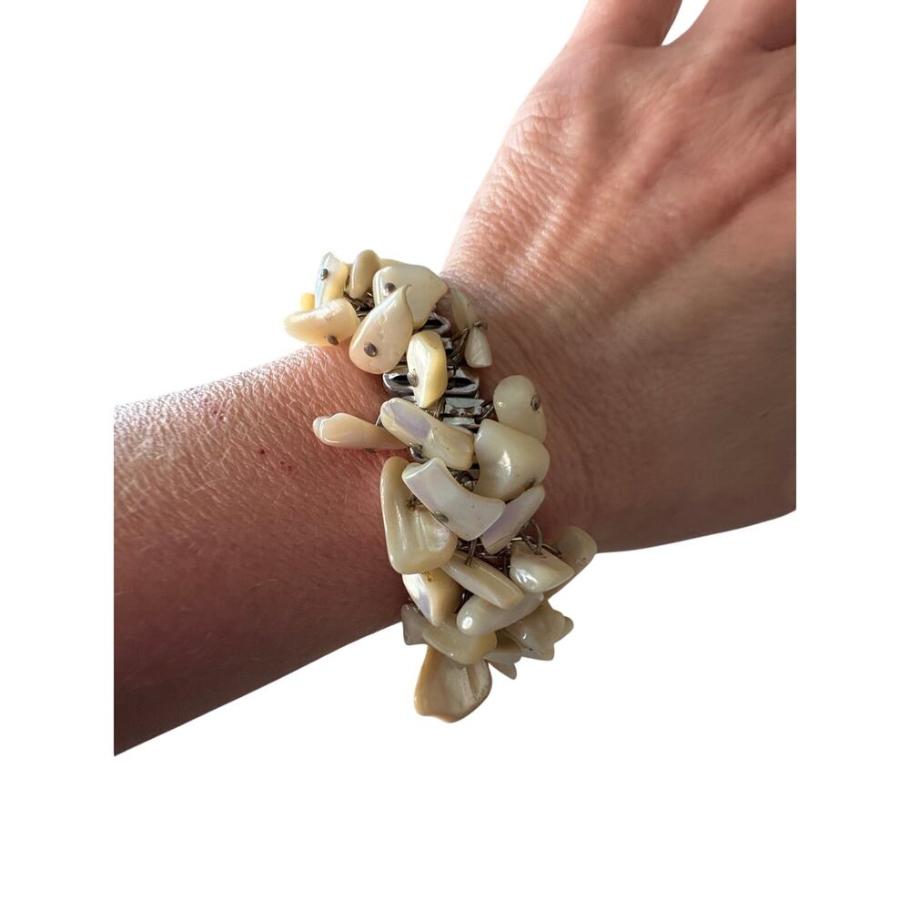 Vintage JSFK Mother of Pearl Cha-Cha Expansion Stretch Bracelet. Made in Japan